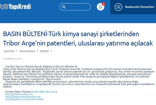 PRESS RELEASE-Patents of Tribor Arge, one of the Turkish chemical industry companies, will be opened to international investment